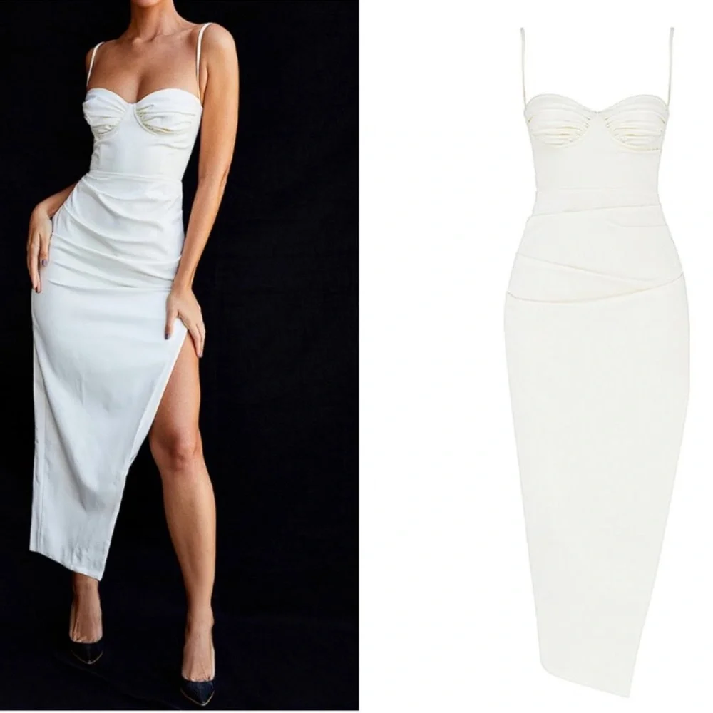 HOUSE OF CB Flora Gown Size Small White Off White Dutch Satin Side Slit - Picture 2 of 10